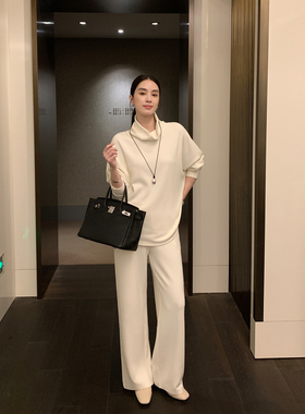 Maven Lin慵懒姿调 高领蝙蝠袖套头针织卫衣女通勤直筒休闲裤套装