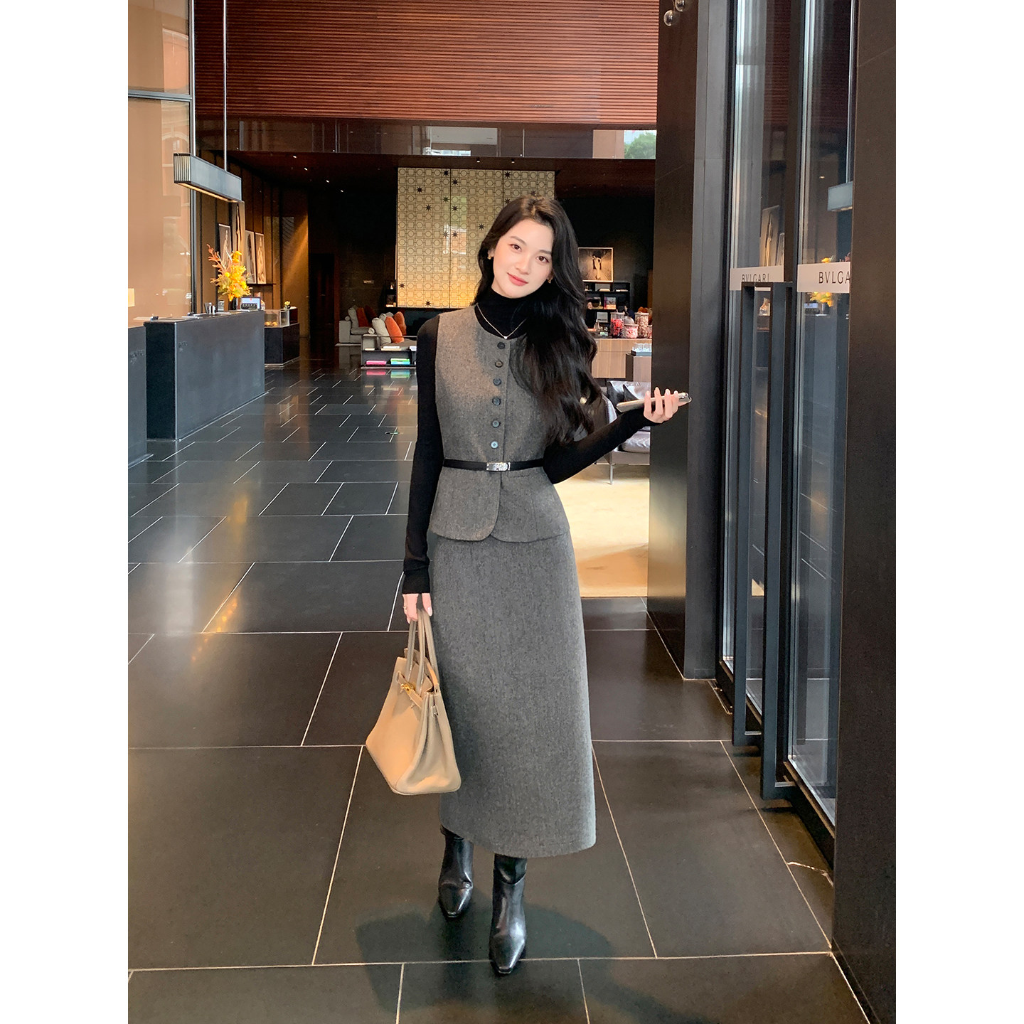 Maven Lin 云絮柔暖 轻奢羊毛马甲背心女毛呢直筒半身裙通勤套装