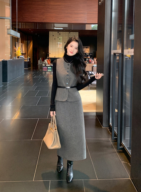 Maven Lin 云絮柔暖 质感羊毛马甲背心女毛呢直筒半身裙通勤套装