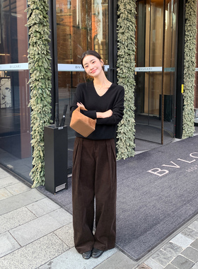 Maven Lin 复古绿咖色阔腿灯芯绒裤女秋冬美拉德直筒宽松休闲裤