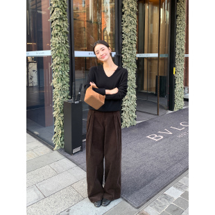 女秋冬美拉德直筒宽松休闲裤 复古绿咖色阔腿灯芯绒裤 Lin Maven