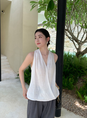 Maven Lin 轻奢优雅100%亚麻红色交叉挂脖背心女宽松气质无袖小衫