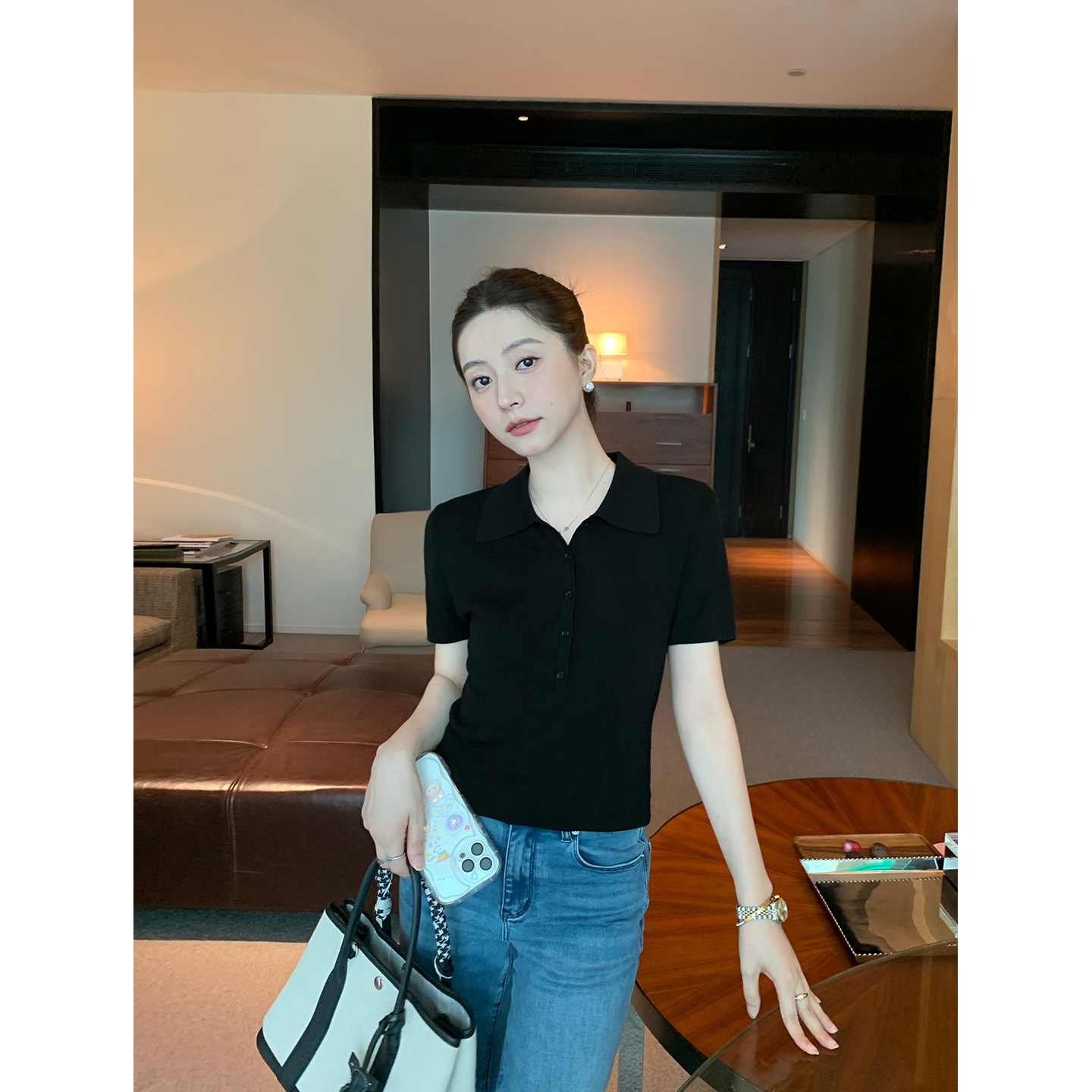 Maven Lin 老钱知性优雅简约纯色Polo领上衣短袖女修身正肩针织衫