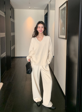 Maven Lin 极简垂感羊毛糯米裤女束腰直筒阔腿裤韩系针织休闲裤