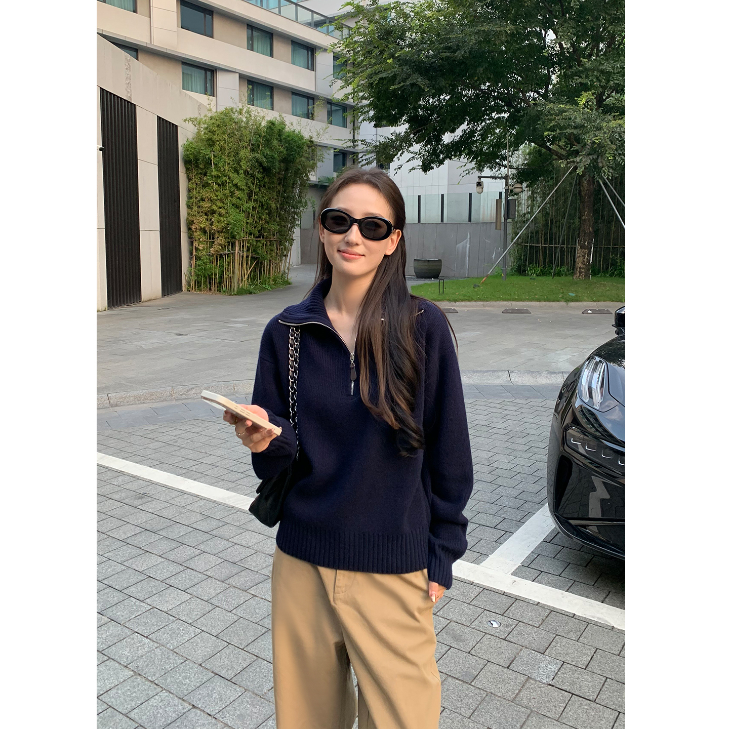 Maven Lin奢雅小调 100%羊毛半拉链翻领毛衣女宽松高领长袖针织衫