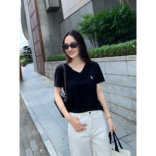 Maven Lin 极简老钱|精致刺绣V领短袖t恤女基础款舒适宽松上衣夏