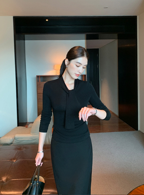 Maven Lin 视觉意象 精纺羊毛V领针织衫女通勤修身飘带打底上衣