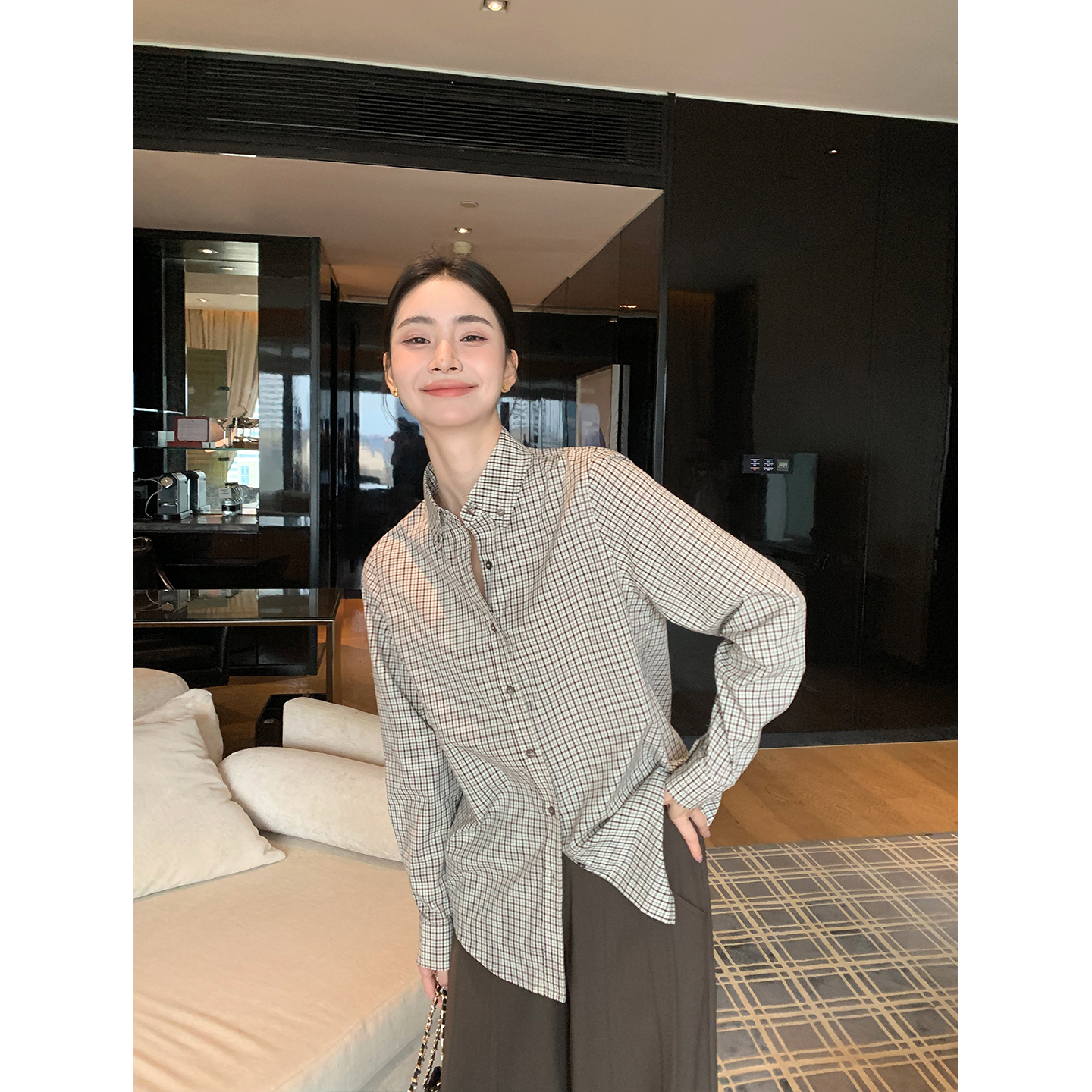 Maven Lin 智性通勤风 纯棉复古格子长袖衬衫女极简宽松叠穿衬衣