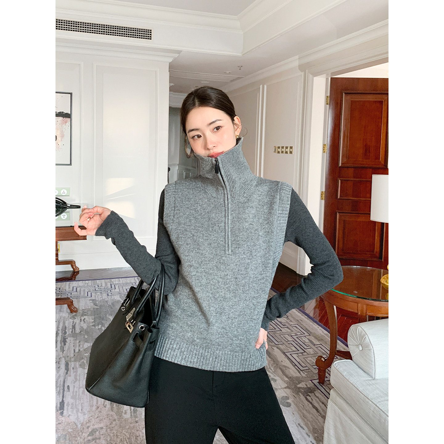 Maven Lin 叠穿系列丨100%羊毛翻领马甲背心女气质半拉链无袖上衣