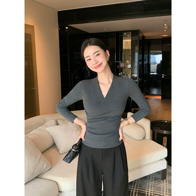 Maven Lin 高知淡人 气质V领长袖T恤女设计感缩褶修身针织衫上衣