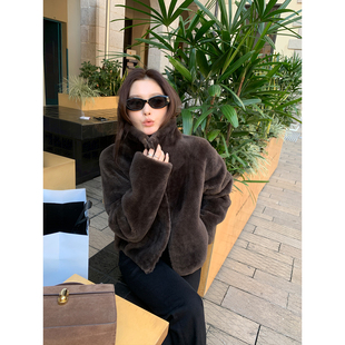 质感毛毛外套 羊毛革立领双拉链皮草女短款 Maven Lin中古设计感