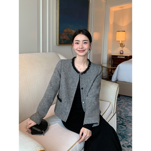 羊毛上衣 手工钉珠小香风外套女人字纹短款 Maven Lin复古千金感