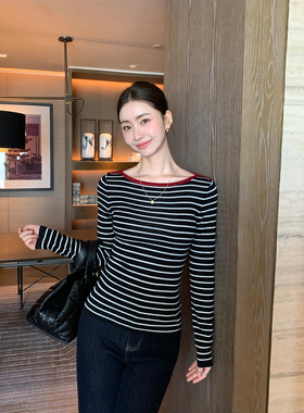 Maven Lin 轻暖智性 质感羊毛船领针织衫女修身条纹内搭打底上衣