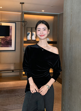 Maven Lin 智性奢感 醋酸丝绒斜肩上衣女设计感收褶黑色针织衫