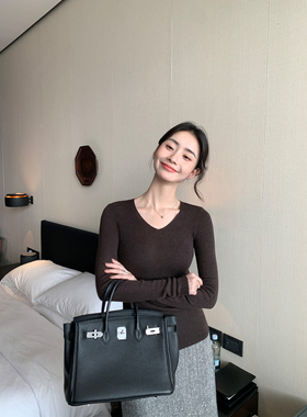 Maven Lin 基础款 v领针织衫女气质内搭打底衫秋冬修身长袖上衣