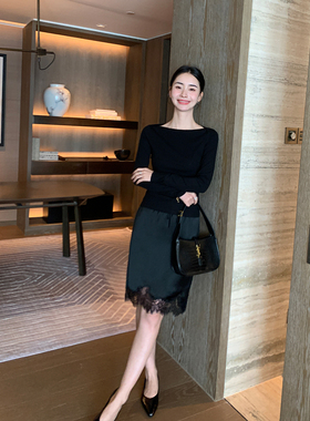 Maven Lin 时髦系 黑色醋酸拼接镂空蕾丝半身裙女气质a字包臀短裙