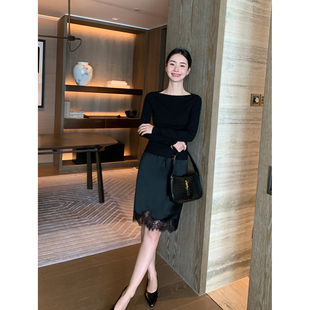 黑色醋酸拼接镂空蕾丝半身裙女气质a字包臀短裙 时髦系 Maven Lin