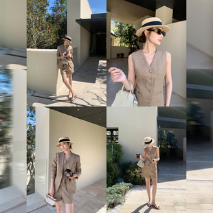 金丝亚麻西装 鎏金新贵 外套女V领马甲 休闲短裤 Maven 套装 Lin