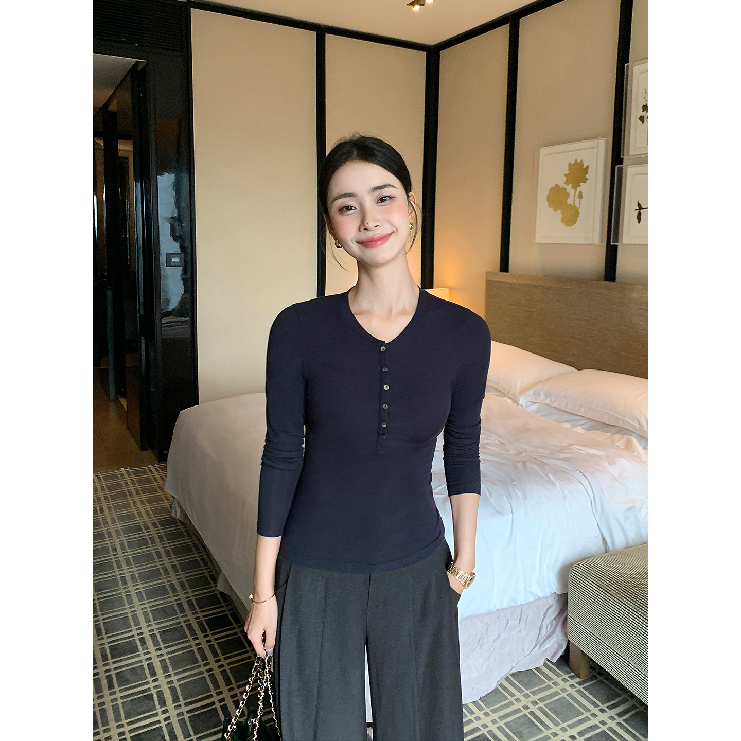 Maven Lin 智性内在 极简修身长袖针织衫女柔软气质通勤打底t恤