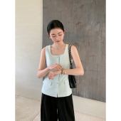 上衣 高端奢美方领花纱小香风马甲女肌理感气质收腰无袖 Maven Lin