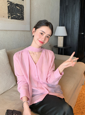 Maven Lin 海盐白沙|高级感飘带苎麻衬衫女夏季轻薄宽松V领防晒衫