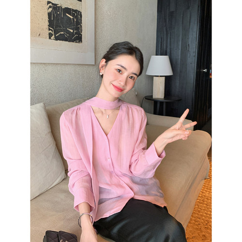 Maven Lin 海盐白沙|高级感飘带苎麻衬衫女夏季轻薄宽松V领防晒衫