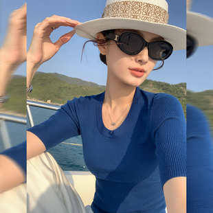 1OO羊毛U领中袖 亲肤素雅 针织衫 女修身 上衣 Maven 收腰五分袖 Lin