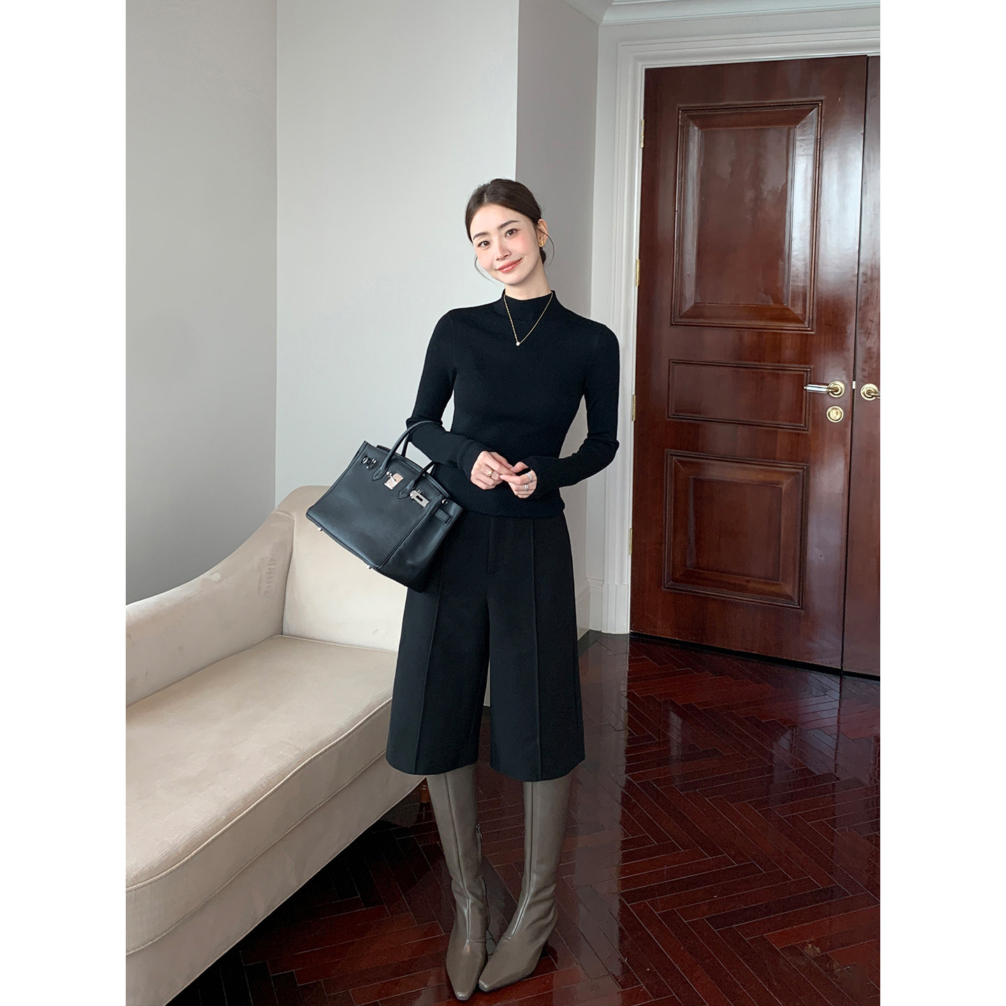 Maven Lin 气质时髦 黑色呢子阔腿中裤女宽松垂感毛呢中筒休闲裤