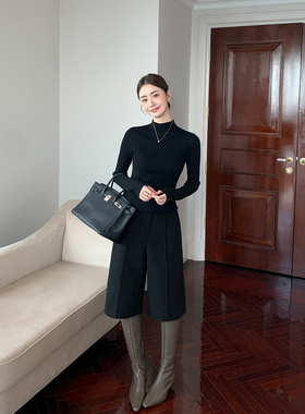 Maven Lin 气质时髦 黑色呢子阔腿中裤女宽松垂感毛呢中筒休闲裤