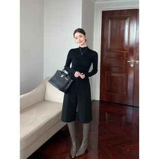 女宽松垂感毛呢中筒休闲裤 Maven 黑色呢子阔腿中裤 气质时髦 Lin
