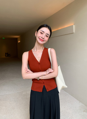 Maven Lin 精致醋酸编织气质简约V领吊带背心修身无袖马甲上衣