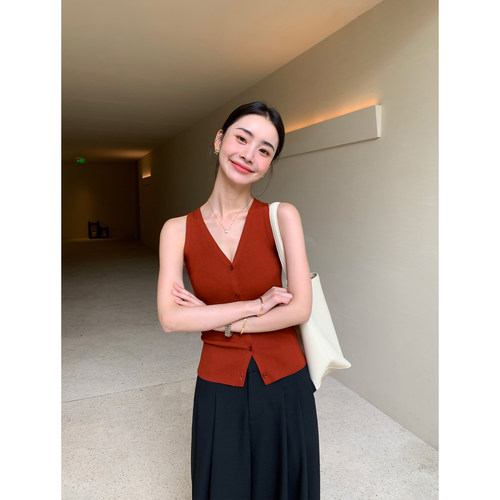 Maven Lin 精致醋酸编织气质简约V领吊带背心修身无袖马甲上衣