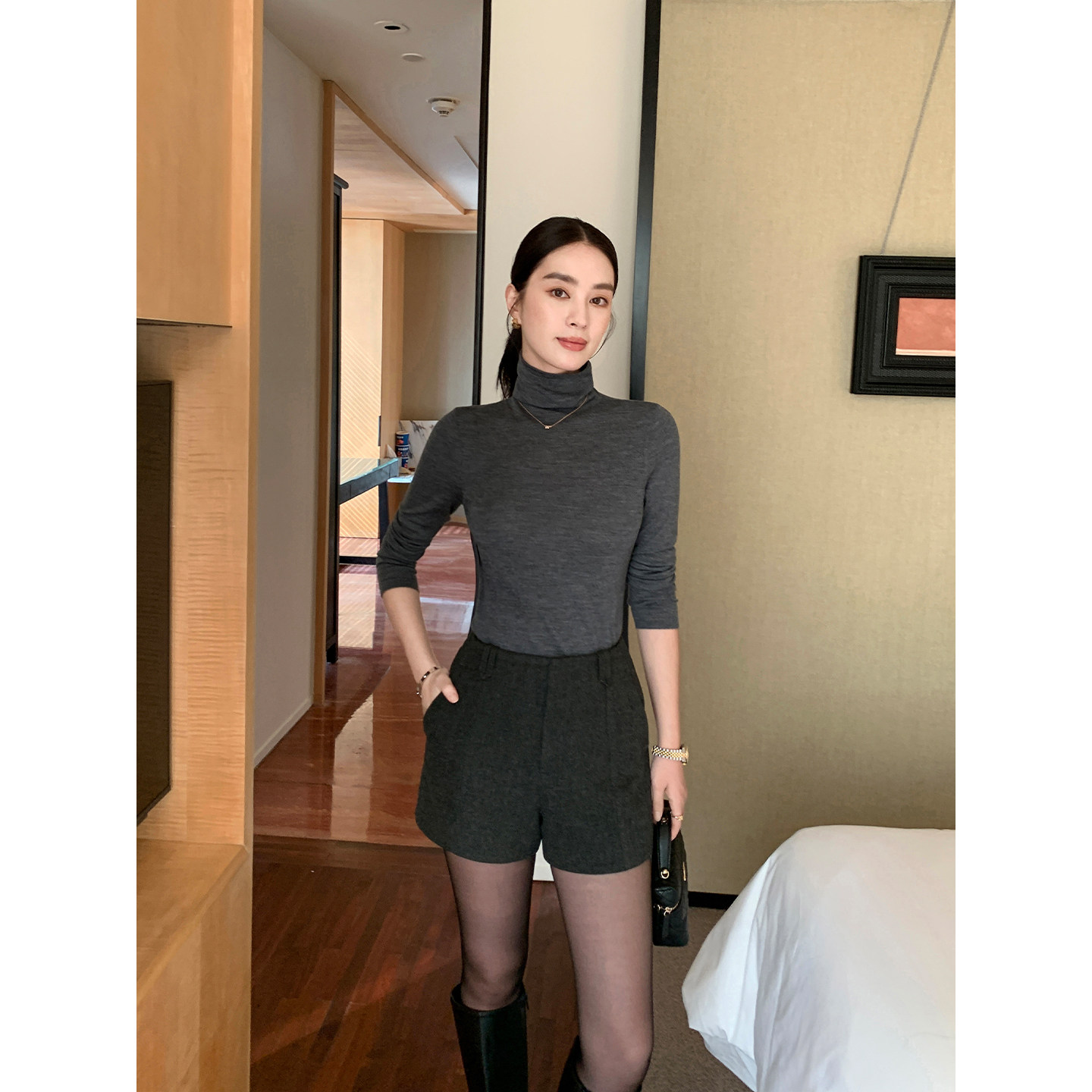 Maven Lin 优雅姿态 高腰廓形直筒短裤女干练显瘦a字阔腿休闲裤