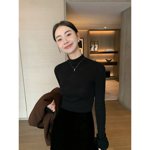 羊毛100%半高领打底衫女针织内搭