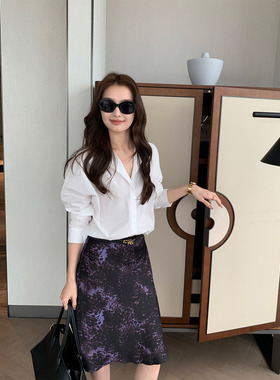 Maven Lin 职场野心家 紫色豹纹印花半身裙女A字中长款包臀鱼尾裙