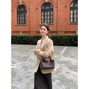 外套复古宽松人字纹毛呢西服大衣 气质1OO羊毛呢子西装 Maven Lin