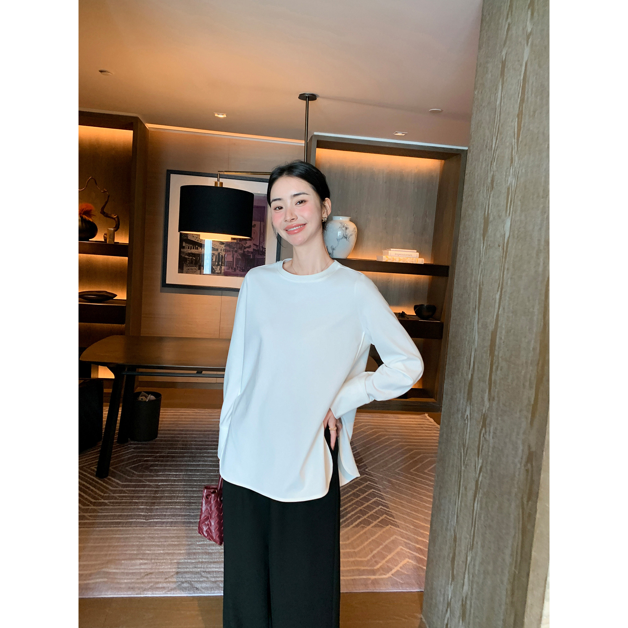 Maven Lin 慵懒随性 甄选双面针织白色长袖t恤女宽松设计感上衣