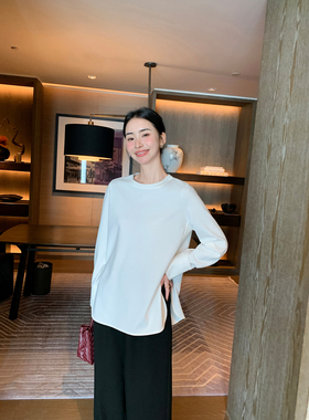 Maven Lin 慵懒随性 甄选双面针织白色长袖t恤女宽松设计感上衣