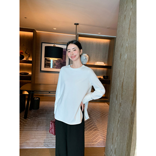 甄选双面针织白色长袖 慵懒随性 t恤女宽松设计感上衣 Lin Maven