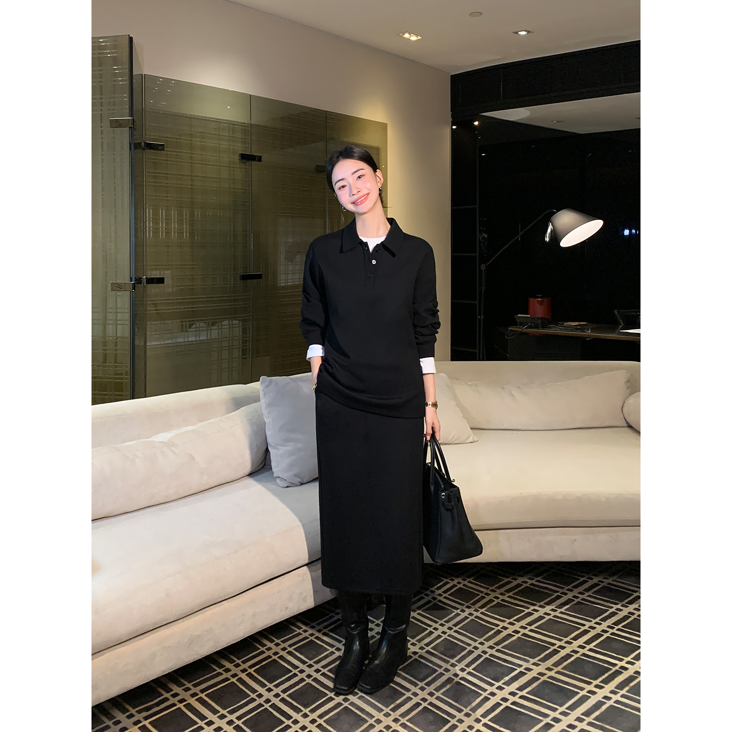 Maven Lin 新贵老钱 经典Polo领针织卫衣女慵懒感直筒半身裙套装