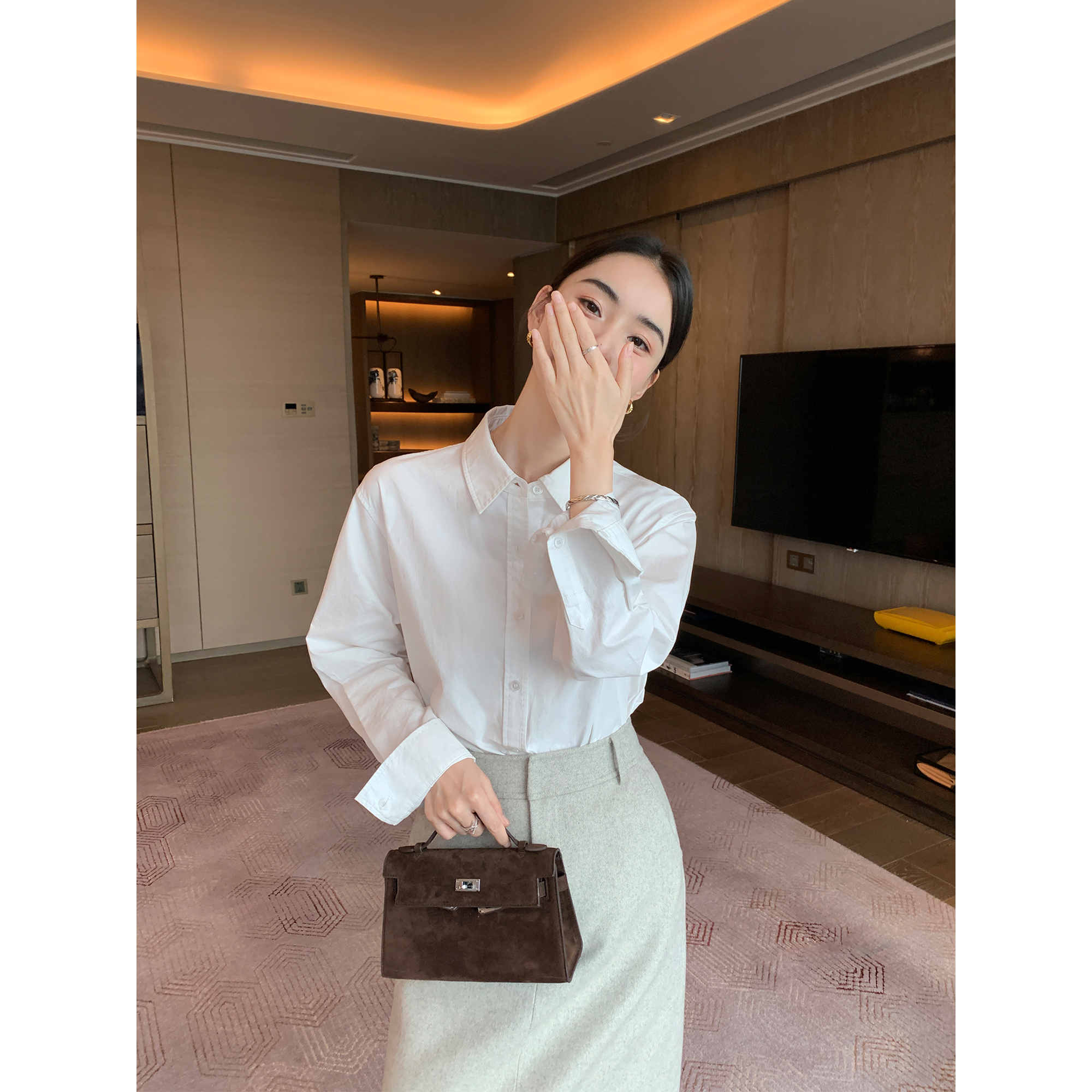 Maven Lin 经典ROW风 纯棉白色长袖衬衫女极简宽松通勤廓形衬衣