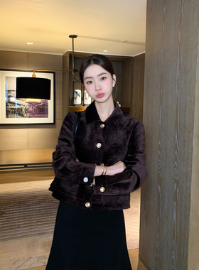 Maven Lin 柔光贵气 复古丝绒翻领短款外套女肌理感宽松夹克上衣