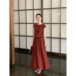 圆领连衣裙女砖红色宽松气质裙 甄选高品质人丝混纺短袖 Maven Lin