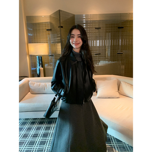 黑色宽松pu皮衣外套女高级短款 高智机车系列 夹克服 Lin Maven