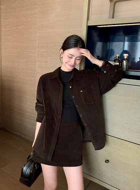 Maven Lin 高智甄选 经典翻领灯芯绒衬衫外套女气质A字短裙裤套装