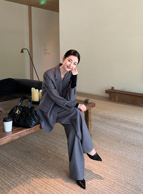 Maven Lin 高级感气质灰色西装外套女通勤风西服套装+阔腿长裤