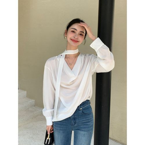 Maven Lin 华贵矜持 高级感丝滑荡领衬衫女飘带上衣职场通勤衬衣