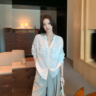 女宽松慵懒感防晒长袖 Maven 1OO亚麻v领衬衫 雅致格调 衬衣 Lin