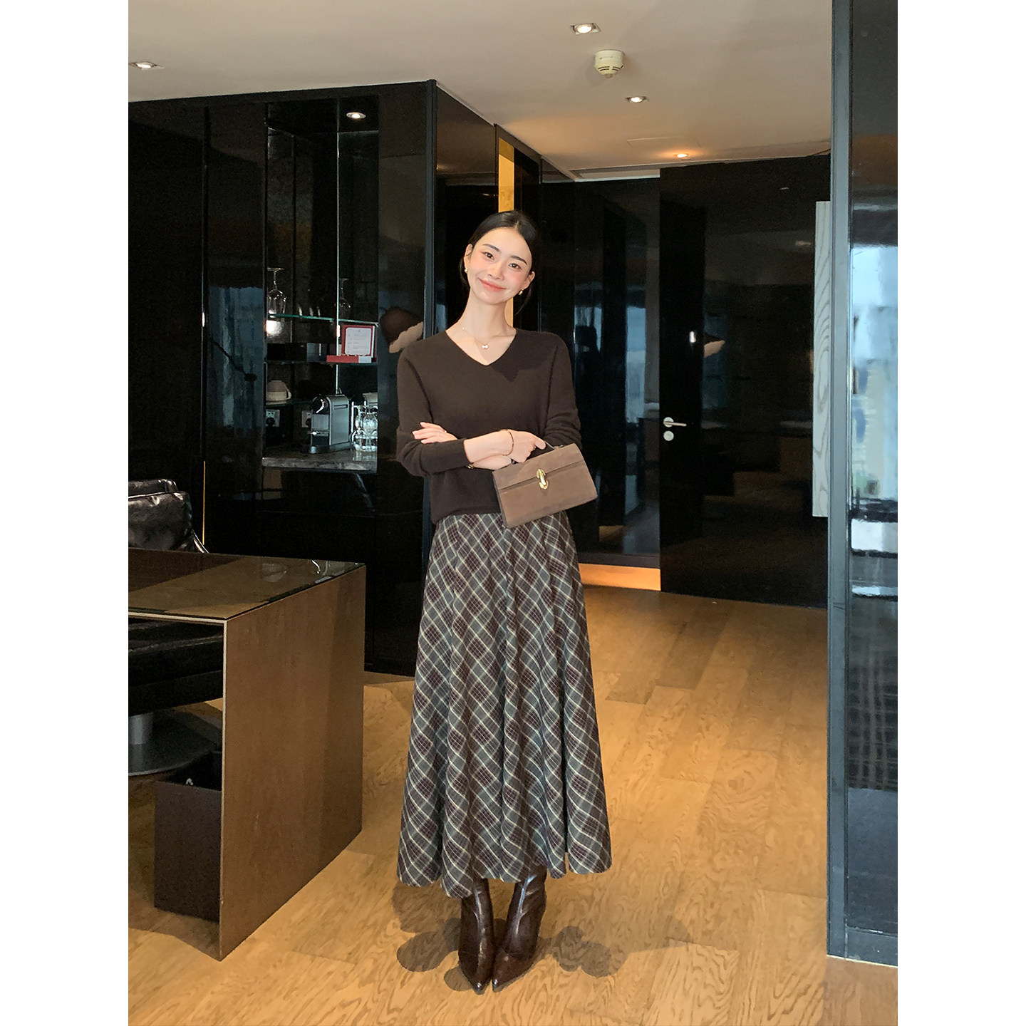 Maven Lin【现货7折】雅致格调 复古格纹高腰a字半身裙中长款伞裙