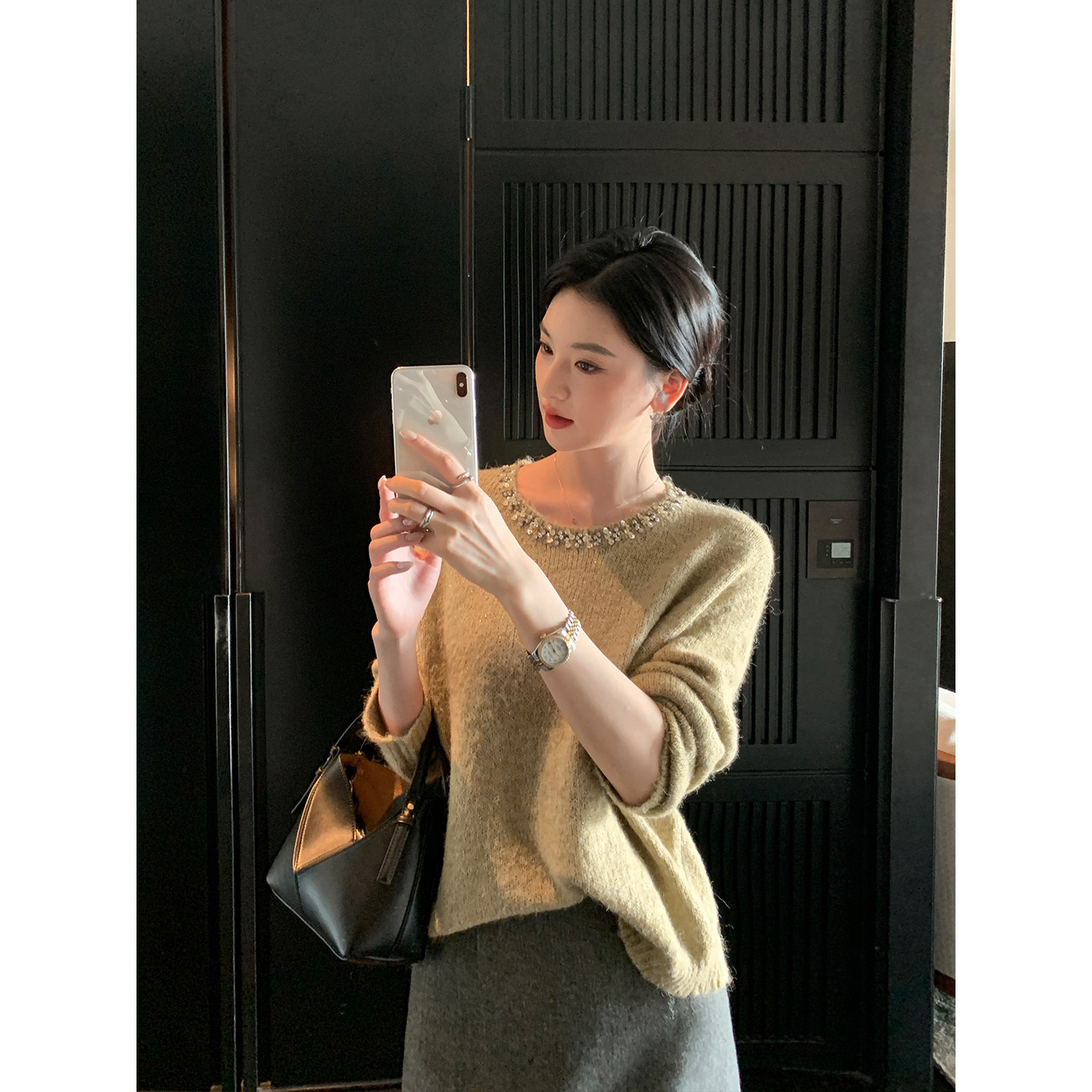 Maven Lin 织金贵女 重工钉珠软糯套头毛衣女慵懒风设计感针织衫